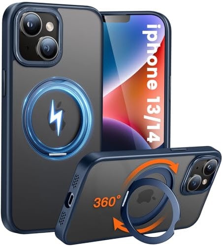 HuwaiH handyhülle für iPhone 13/14 Hülle, [360° Magnetischer Ring Ständer ] [mit Mag-Safe] [Transluzente Matte] Stoßfeste Kratzfeste Schutzhülle für iPhone 13/14 (Navy Blau)