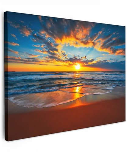 MuchoWow© Impression sur Toile Peinture 70x50 cm Tableau Mural Decoration Salon Reproductions de Tableaux Murale Moderne Mer - Coucher de soleil - Plage - Nuages - Orange