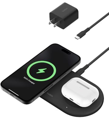 Belkin BoostCharge Pro 2-in-1 MagSafe-Compatible Wireless Charging Pad w/ Qi2 15W + Additional USB-C Port, Fast Charger for iPhone 15, iPhone 14, & iPhone 13 Series, AirPods, and More - Black