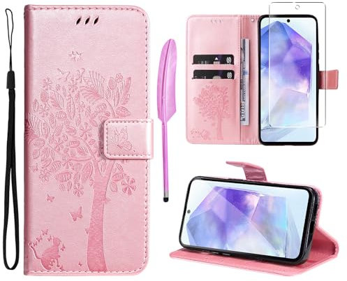 Oududianzi - Coque pour Samsung Galaxy A55 5G [1X Verre Trempé] Étuis Rabat Folio Protection Housse Cuir PU Portefeuille Silicone [Fermeture Magnétique][Emplacements Cartes][Stand Feature] - Rose