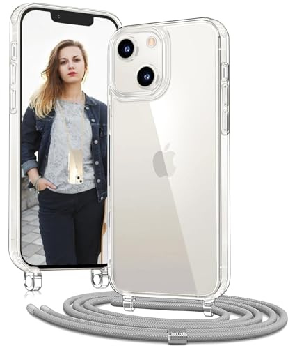 OLEPHY Handykette für iPhone 15 Hülle mit Band, Silber | Necklace Handyhülle, Transparente Schutzhülle zum Umhängen [Verstellbarem und Demontage Umhängeband],