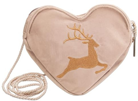 Alpenflüstern Herztasche Hirsch - Damen Trachtentasche in Herzform, Schultertasche fürs Dirndl, Herz Handtasche zur Tracht, Dirndltasche (taupe-grau) DTA098