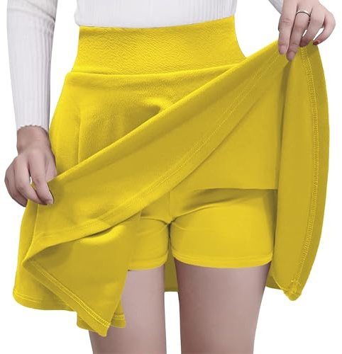 GOOBGS Women's Mini Skater Stretchy Skirt with Shorts Yellow XL | Casual Versatile Skirts, Damen Party Rock, Rock im A Linien, Tennisrock High Waist, Elegant Skort Kleider, Karneval Kostüm