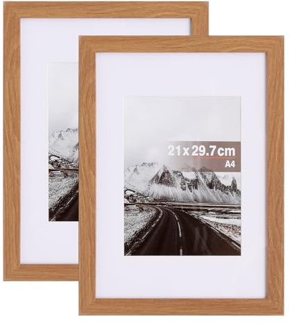 Muzilife A4 Bilderrahmen 21 x 29,7 cm, 2er Set Fotorahmen Posterrahmen mit Passepartout für 13 x 18 cm Bilder, Kunststoffrahmen, Eignet sich als Tisch-Aufsteller und für die Wand, Oak
