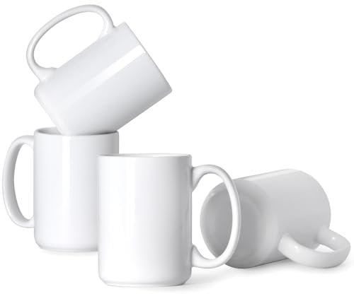 Smilatte 450ml Porcelain Coffee Mugs, Classic Blank Ceramic Cup with Large Handle for Tea Latte Cappuccino, Set of 4, White