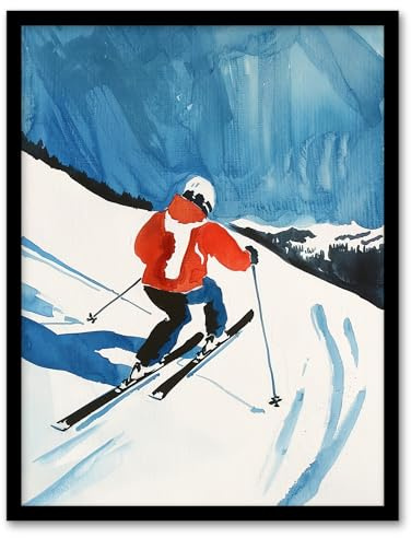 Artery8 Austria Skier Skiing Winter Sport Ski Watercolour Living Room Artwork Framed Wall Art Print A4