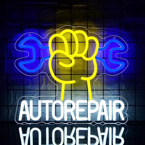 Auto Repair Neon Sign for Man Cave Garage Neon Light Art Wall Decor Yellow LED Sign Car Store Wrench Light Up Sign Workshop Repair Shop Party Birthday Gift Dad Boy 11.9 * 13.7 IN(XD346)