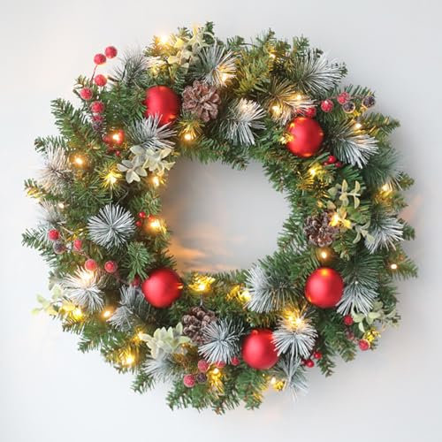 JOYWU Christmas Wreath with LED Lights, 30-40cm Artificial Pine Cones & Bows, Battery Powered Lighted Xmas Door Wreath, Christmas Decoration (40cm-C)