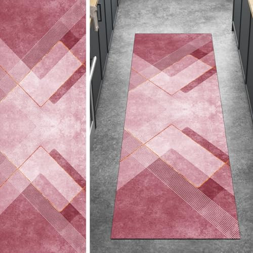 Ymural Teppich Läufer Flur rutschfest Küche 70x280CM Rosa rutschfest Lang Modern Meterware Kurzflor Polyester Korridor Schlafzimmer Anpassbar
