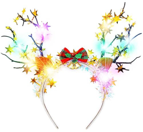 Reaky Bandeau lumineux de Noël à LED en bois de renne - Accessoires de Noël pour femme