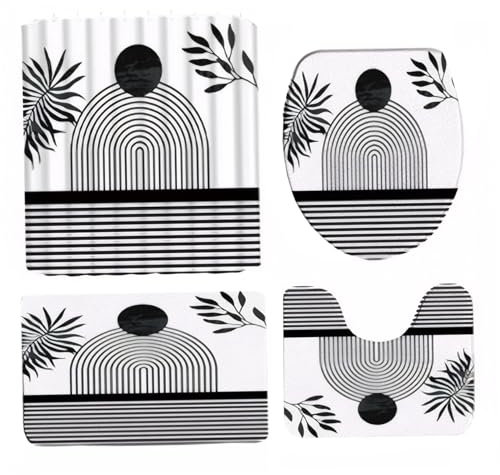 AOpghY Shower Curtain Set 4Pcs/Set Shower Curtain, Bath Mat, Toilet Mat & Toilet Lid Rugs 71x71 Inch Black and White Bath Curtain Bathroom Sets Indoor Supplies