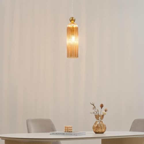 Kosilum – Hängeleuchte, goldfarben, Bernsteinglas und geriffelt, Leonora – Licht warmweiß Beleuchtung Wohnzimmer Schlafzimmer Küche Flur – E14 – IP20