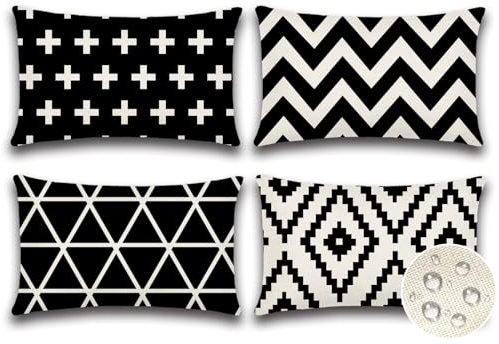JOTOM 4er Set Outdoor Kissenbezüge, Dekorative wasserdichte Wurf Kissenbezug Moderne Kissenhüllen Sofakissen Dekokissen Zierkissenbezug für Wohnzimmer Schlafzimmer Garten Deko (30x50cm, Schwarz)