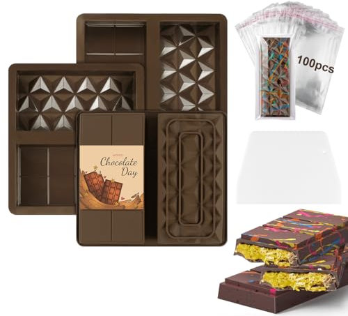 Doksvp 3 Stück Schokoladenform Dubai Schokolade Form Set, Silikonform Schokolade Tief für Doppelseitig, Diamant Silikonform Schokoladentafel, Chocolate Mold, mit Schaber/100 Tasche, für Schokolade