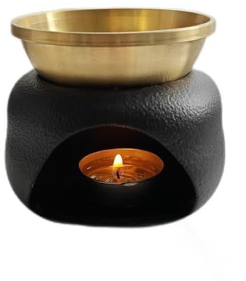 Warmself Lampe aromatique photophore en céramique - Brûleur à cire - Les plaques de cuivre peuvent être brûlées à sec - Noir et doré