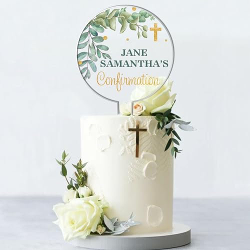Personalised Religious Cake Topper – Custom Name & Occasion – Christening, Communion or Confirmation – Acrylic Floral Design with Cross – Reusable Printed Cake Decoration (Confirmation, Eucaliptus)