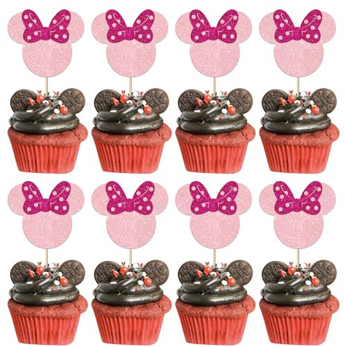 SYKYCTCY 24 Pack Mouse Inspired Cupcake Toppers Glitter Mini Mouse 2 Second Birthday Cupcake Picks Decorations for Baby Shower Kids 2nd Birthday Theme Party Supplies