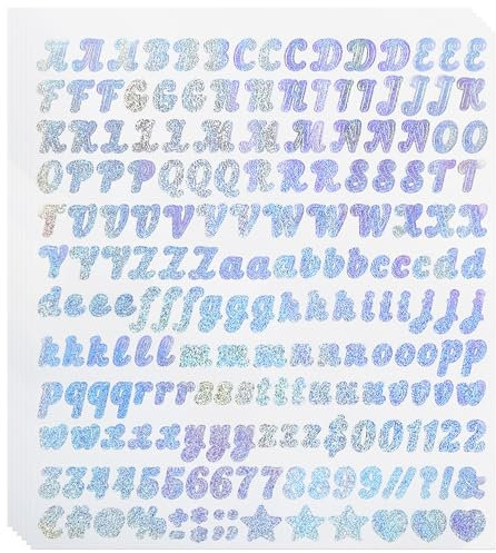 0.5 Inch Glitter Letters Number Stickers, 6 Sheets Self Adhesive Vinyl Alphabet Number Sticker for Sign, Notebook Decor, Scrapbook - Silver