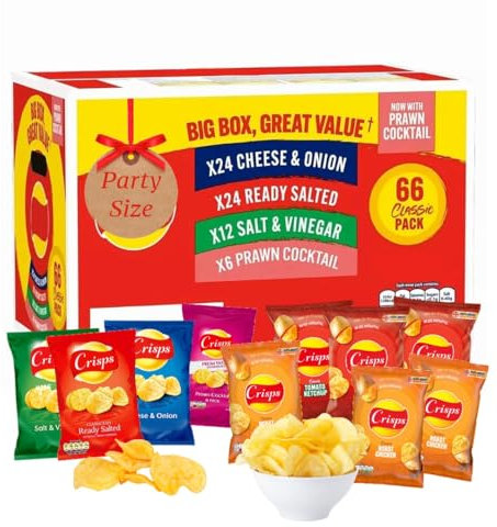 Assorted Flavour Potato Crisps Multipack - Snack Box of 66 x 25g Assorted Classic Crisps + 6 EXTRA 25g Bags: 3 x Chicken & 3 x Tomato. Potato Snacks for Birthday Party, Pub Snacks TOTAL BAGS 72