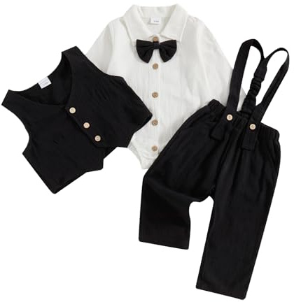 JCOPLY Baby Boy Gentleman Outfit Long Sleeve Bow Tie Romper Button Waistcoat Suspenders Trousers 3Pcs Newborn Clothes Birthday Wedding Formal Suit