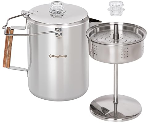 KingCamp Cafetière percolateur en acier inoxydable 304 avec poignée en bois pour camping, cabine, camping-car, cuisine, chasse et randonnée, sans aluminium ou plastique, 12 tasses