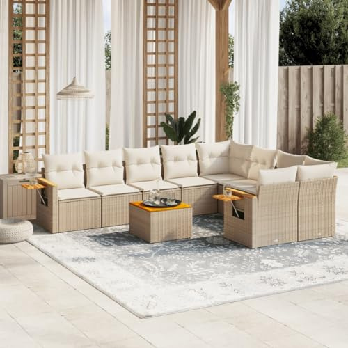 QJBSAVVA Salon de jardin 10 pièces - Beige - En polyrotin - 62 x 62 x 69 cm - Canapé d'angle et canapé central avec table en acacia et pieds réglables - Robuste et résistant aux intempéries - Pour