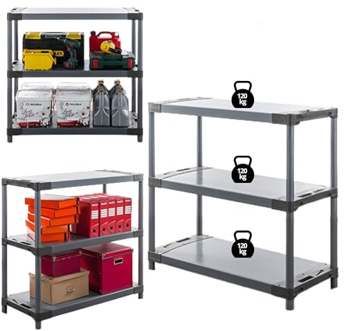 MODO24 Kunststoffregal Jupiter 98x100x46 cm, 3 Ablagen à 120 kg, Lagerregal aus Kunststoff für Keller, Garage, Vorratsraum, Werkstatt, Kellerregal, Steckregal modular, Plastikregal, Farbe: Grau