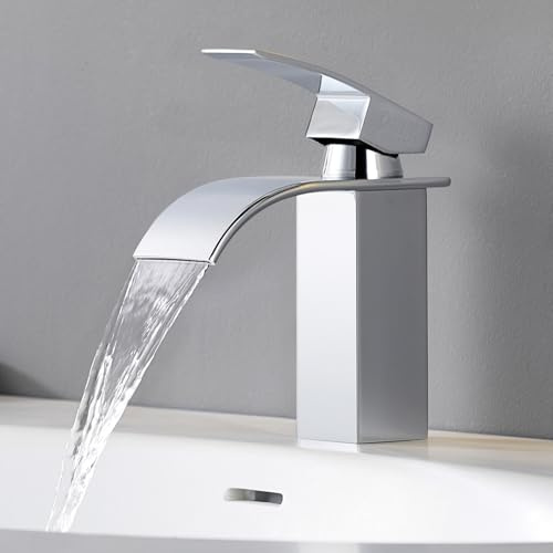 CECIPA Waterfall Spout Bathroom Sink Mixer Tap,Single Lever Basin Mixer Tap | Polished Chrome, Drip-Resistant, Square Stainless Steel Modern Cloakroom Faucet, Easy Installation with UK G1/2'' Hoses