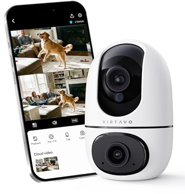 VIRTAVO WLAN Dual Kamera Überwachung Innen, 2 Ansichten Gleichzeitig, Ohne ABO, Smart Tracking, Rundum‑Sicht, Wi‑Fi 6 (2.4G/5G), Farbnachtsicht, Zwei‑Wege‑Audio,1080P Baby‑ & Haustierkamera, XD1‑PRO