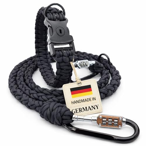 HUNDUM SICHER® Anti-Diebstahl Hundehalsband & Leine für kleine Hunde - Abschließbar & schnittfest, handgemachtes Set aus Paracord mit Stahlseil-Kern (Leine S (150cm))