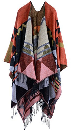 YianBestja Damen Herbst/Winter Poncho mit Quaste, 130 * 150CM Poncho-Schal Überwurf Cape Umhang Wendeponcho für Frau (36-3)