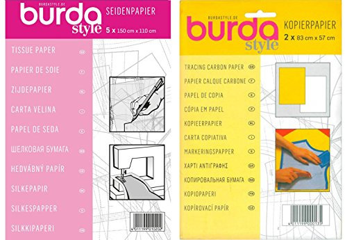 Burda Seidenpapier für Schneiderinnen, 110 x 150 cm, Doppelpack, inklusive gelbem und weißem Kohlepapier zum Abpausen, 83 x 57 cm, 2 Bögen