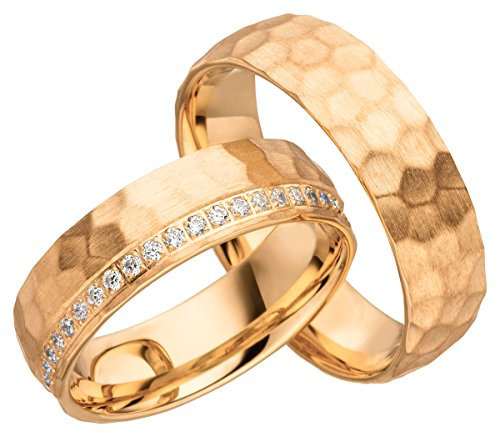 2x 585 Gold Eheringe Partnerringe Trauringe Hochzeitsringe in Rotgold gehämmert*mit Gravur und Steinen* JC017
