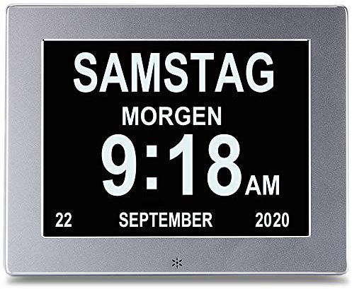 Ykall Digitaler Wecker – 8-Zoll Seniorenuhr mit Kalender, Tagesanzeige & Erinnerungsfunktion, Demenzuhr für Senioren, Kinder, Sehbehinderte & Alzheimer-Patienten (Silber)