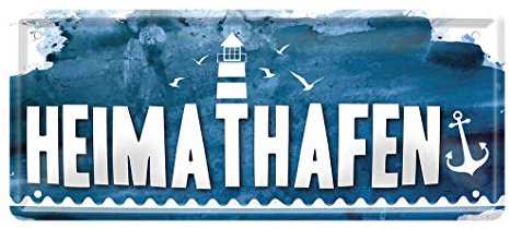 Heimathafen - Retro Deko Blechschild - Metallschild für ihren Lieblingsplatz - Dekoration Schild für Eingang Haustür Küche Garage Boot - vintage maritim style - Anker und Leuchtturm - 28x12cm