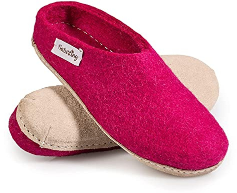 Filz Hausschuhe - Damen Hüttenschuhe mit Ledersohle - Slipper 100% Wolle handgemacht