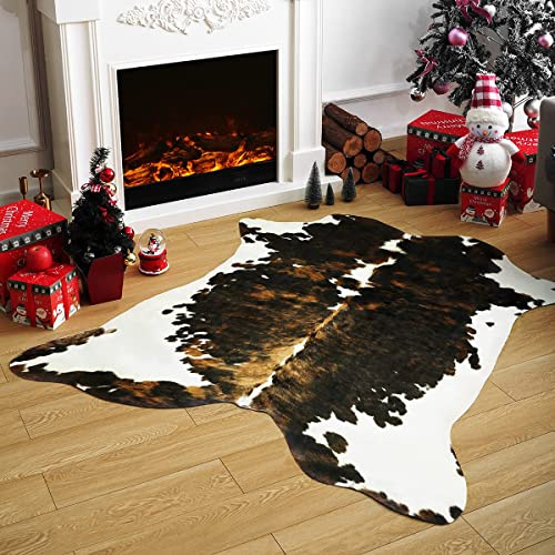 Amearea Faux Cow Hide Rug 5.2x4.6 Feet, Premium Western Home Decor Cow Print Rugs for Living Room, Faux Leather Animal Cowhide Carpet for Bedroom, Dining Traditional Cow Print Stuff Carpets, Brown