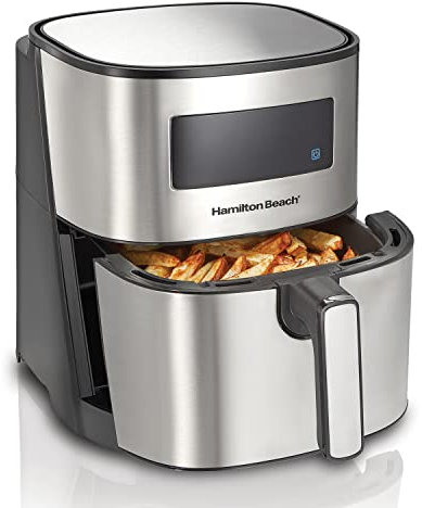 Hamilton Beach - Freidora sin aceite con Panel de Control Digital Táctil, 5 Litros, 11 programas, Temperatura y tiempo regulables, Fácil de usar y de Limpiar, 1700 vatios, Negro/Acero Inoxidable