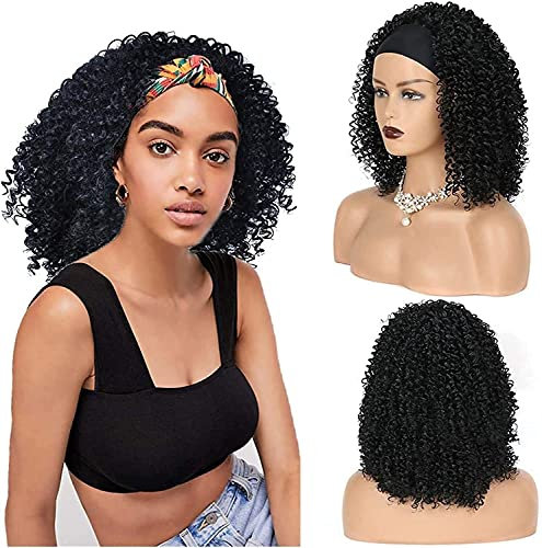 Perücken, Stirnband Perücken für Frauen Kurze Schwarze Perücken 2 in 1 Vollperücken Afro Kinky Curly Perücken Synthetische Perücke mit Stirnband (16INCH)