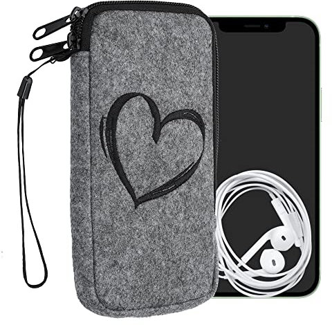 kwmobile Custodia in Feltro con Zip per Smartphone XL - 6,7/6,8 - Astuccio portacellulare a Sacchetto con Cerniera e Ricamo - Borsa Cuore Nero/Grigio Chiaro