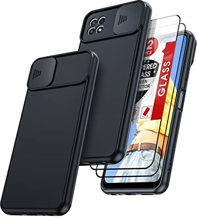 LeYi Coque pour Samsung Galaxy A22 5G (Pas 4G) avec 2 Verre Trempé, Protégé Camera Anti-Rayures, Silicone Housse de Protection Premium Mince TPU Bumper Antichoc Etui Case pour Galaxy A22 5G Noir