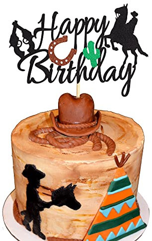 Arthsdite Cowboy Happy Birthday Cake Topper, Little Cowboy Cake Topper Boot Shooting Western Theme Cake Decorations Black Glitter Decors for Kids Boy Men Birthday Party Supplies