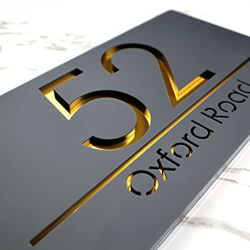 K Smart Sign | Bellisima H3 F31 | Matt Dark Gray Personalised House Sign Laser Cut 3d Door Numbers Street Address Grey Number Signs Plaque | 300mm x 160mm (Matt Dark Gray & Gold Mirror)