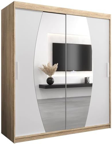 ABIKSMEBLE Armoire Elypse avec Porte Coulissante et Miroir - Dressing pour Chambre Adulte - Penderie Vêtements - Garde-Robe - Placard 2 Portes - Closet