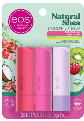 eos Natural Shea Lip Balm, Honey Apple, Coconut Milk & Raspberry Kiwi Splash, All-Day Moisture, Lip Care Products, 0.14 oz, 3-Pack