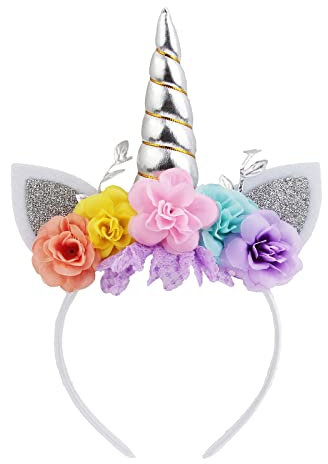 Nishine Einhorn Horn Floral Stirnband Glitter Ohren Pony Kopfbänder Tiara für Mädchen Party Geburtstag Cosplay(Silber&Rosa)