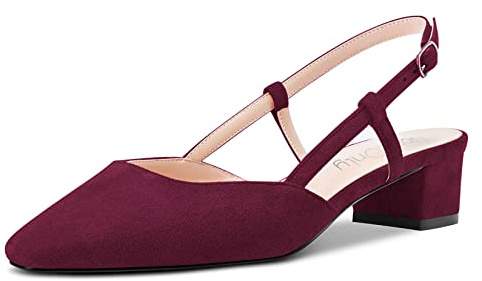 NobleOnly Donna Chunky Blocco Basso Gattini Tacco Heel Quadrata Punta Sandali Slingback Slip-on Pumps da Matrimonio Cute Scarpe Borgogna Rosso 38 EU