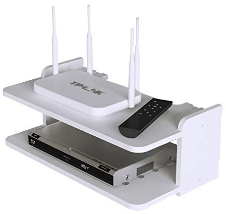 GREMBI DVD Wall Shelf, Router Shelf White, Floating Shelves for Box, DVD Players, Routers, Controller, Integrated Cable Management, Tv Set-Top Box