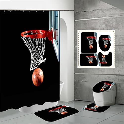 ISILA Flamme Basketball Badezimmer Set 4 Stück Set Sport wasserdichte Vorhänge lustig Junge Wohnkultur rutschfeste Toilette Teppich Set