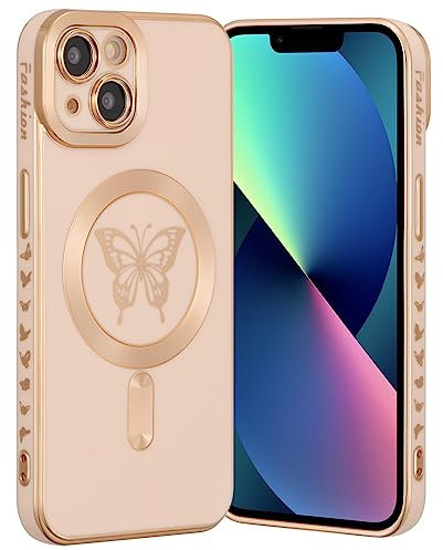 ZCDAYE Magnetic Case for iPhone 13, Compatible with MagSafe Slim Soft TPU Gold Edge Cute Butterfly Shockproof Cover for iPhone 13 (6.1 inches), Pink